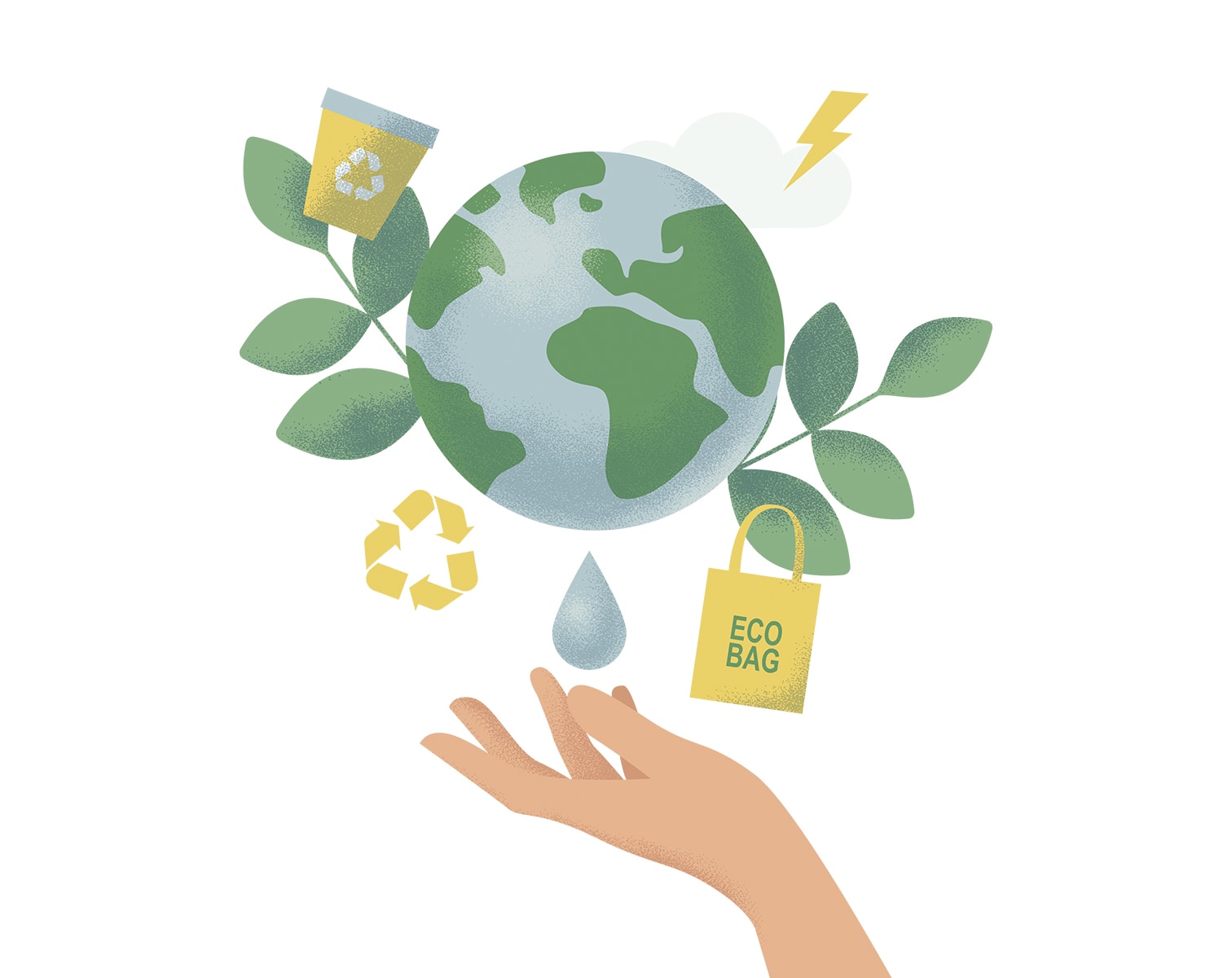 Eine Hand die einen Erdball trägt aus dem Pflanzen und recylete Dinge wachsen